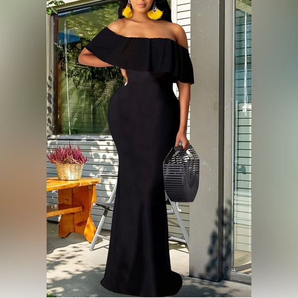 NEW Off The Shoulder Maxi Dress Black Ruffle Evening Party Long Dress Size L - Picture 9 of 13